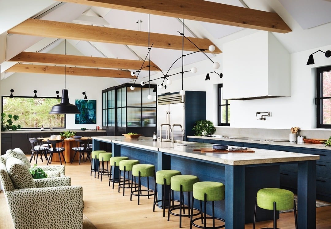 17. Open Beam Kitchen with Blue Island and Green Accent Seating - big kitchen ideas