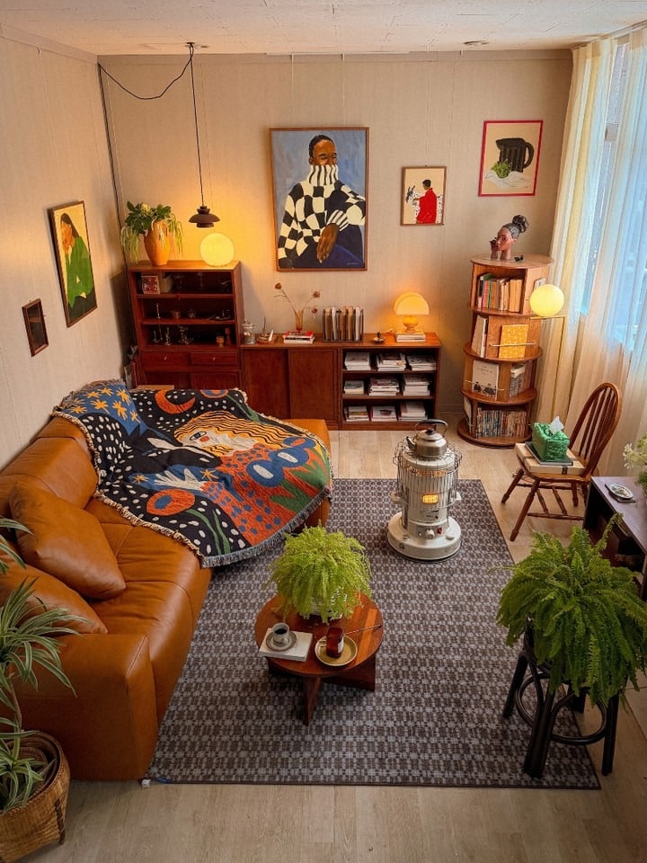 5. Mid-Century Warm Brown Sofa with Eclectic Styling - dark brown sofa living room ideas