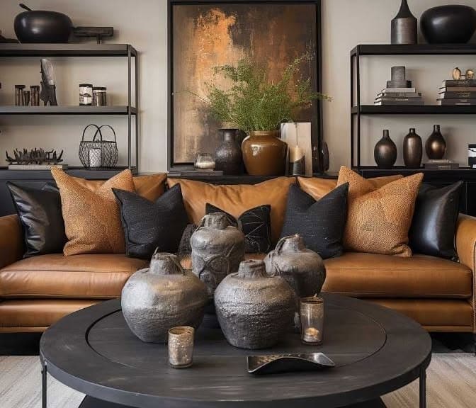 13. Camel Brown Sofa with Layered Neutrals and Sculptural Decor - dark brown sofa living room ideas