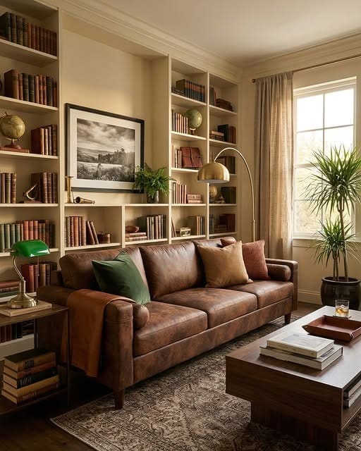 17. Classic Brown Leather Sofa in a Library-Style Living Room - dark brown sofa living room ideas