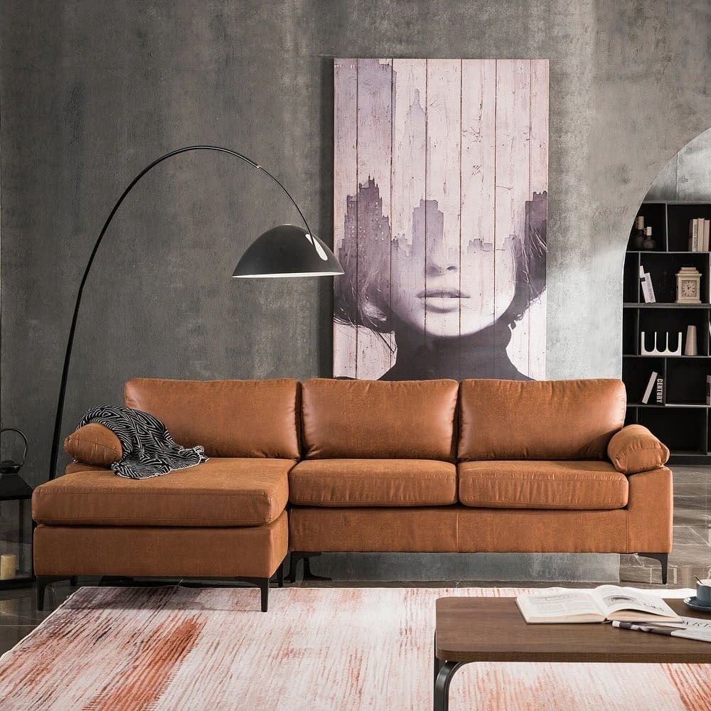 19. Modern Tan Sectional with Industrial Art and Clean Lines - dark brown sofa living room ideas