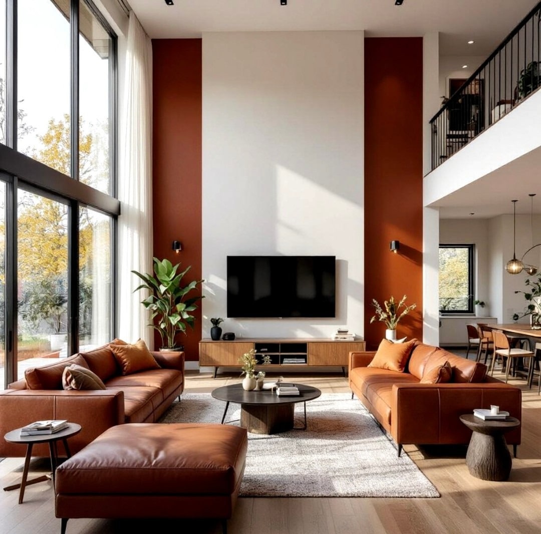 21. Rust Brown Leather Sofas with Double-Height Modern Architecture - dark brown sofa living room ideas