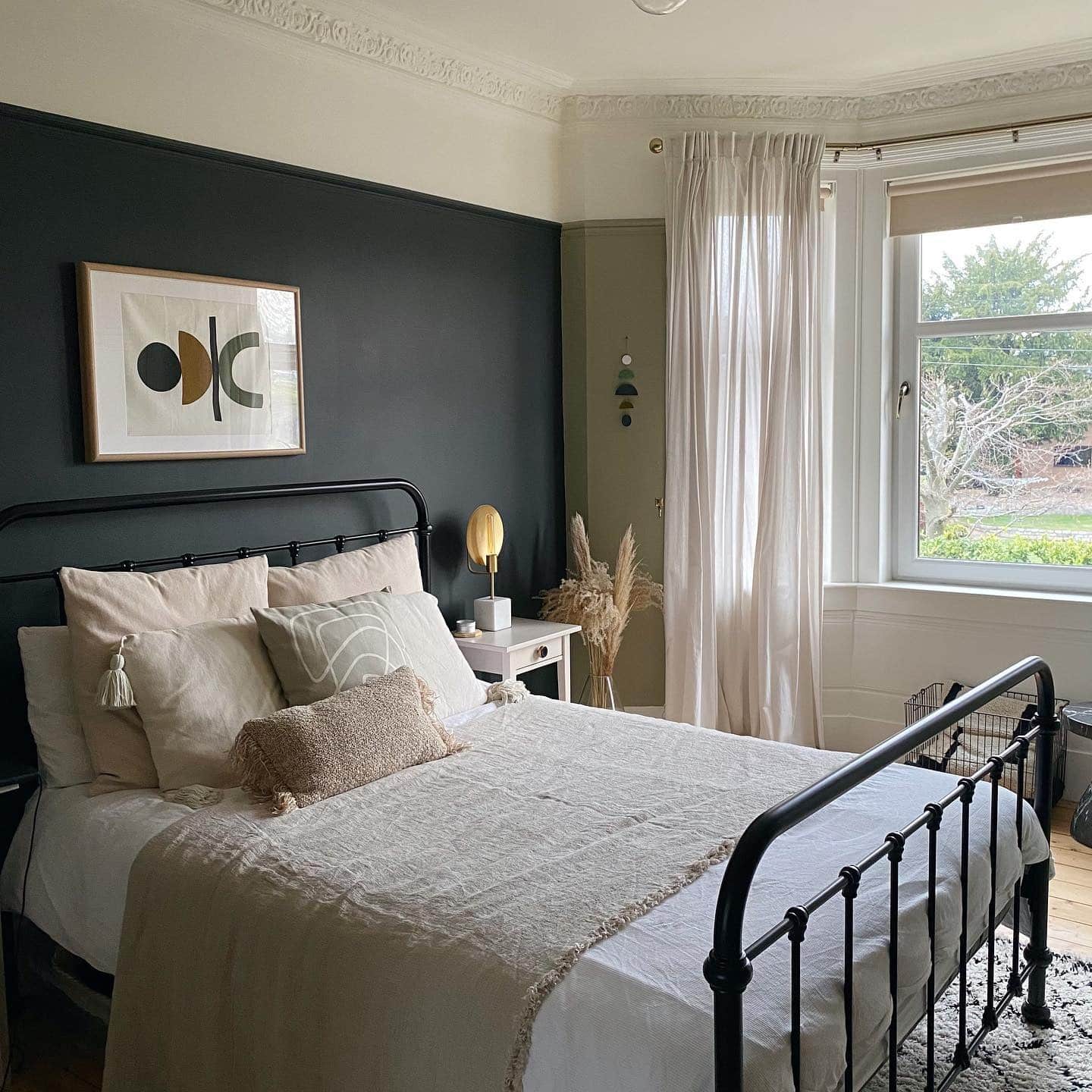 1. Deep Green Feature Wall with Neutral Linen Palette - victorian bedroom ideas