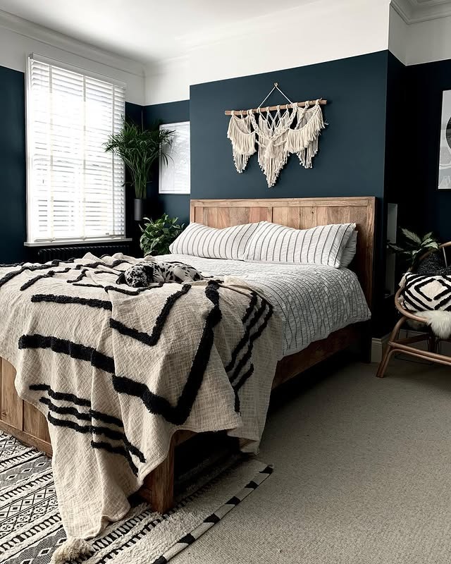 11. Deep Teal Accent Wall with Natural Wood and Monochrome Textiles - victorian bedroom ideas