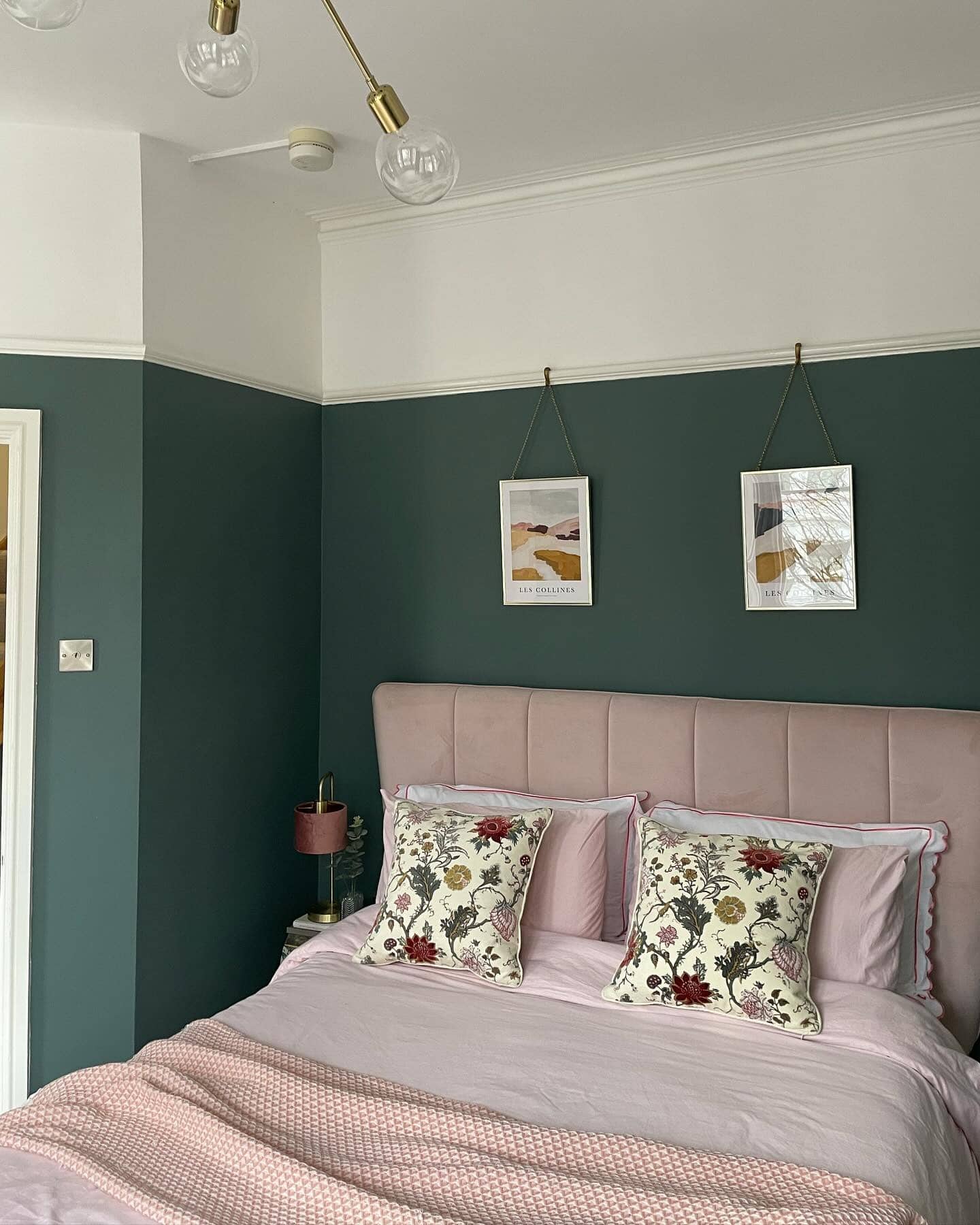 17. Two-Tone Green Wall with Blush Upholstered Headboard - victorian bedroom ideas
