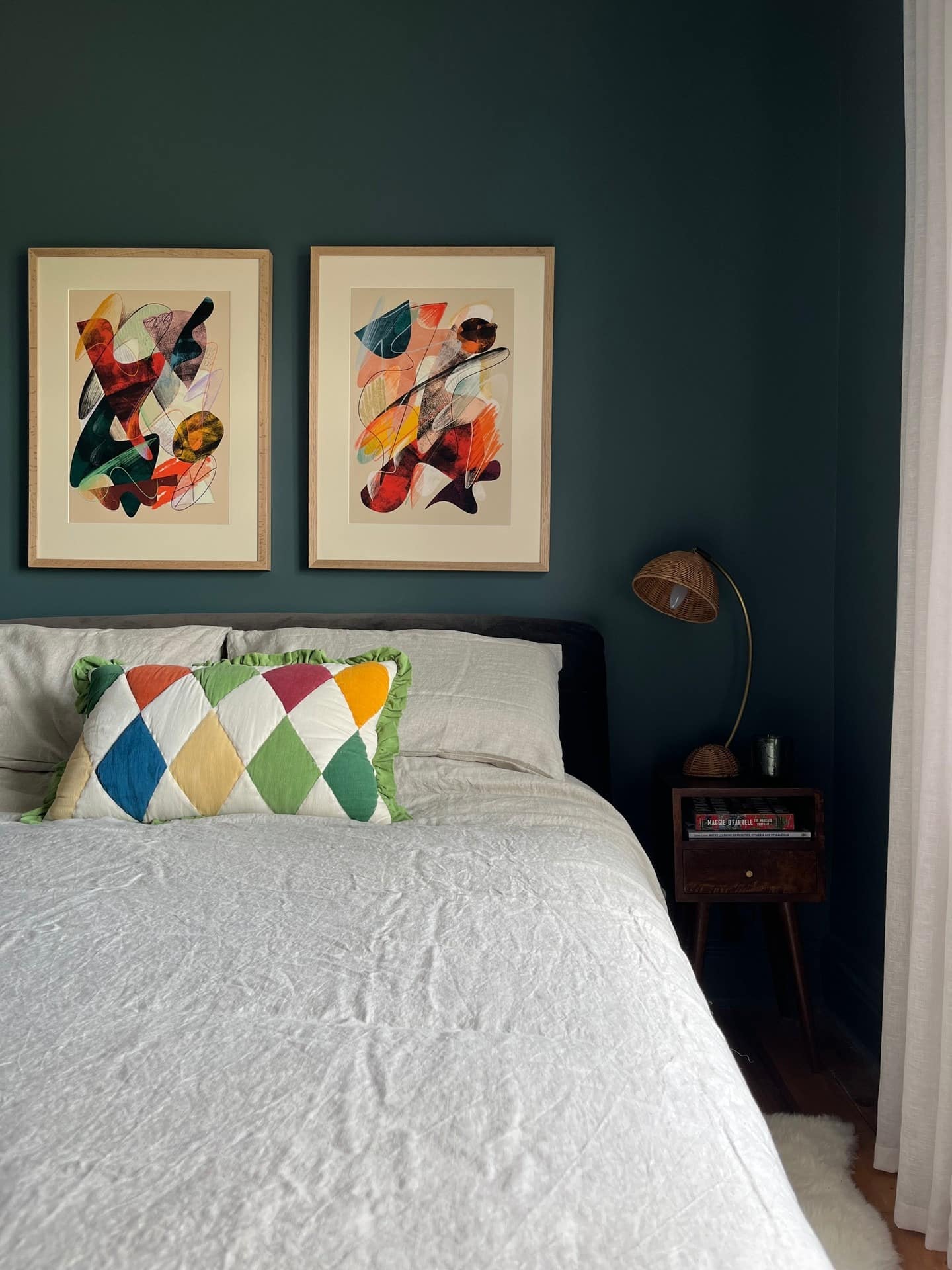 18. Dark Teal Bedroom with Abstract Art and Minimal Styling - victorian bedroom ideas