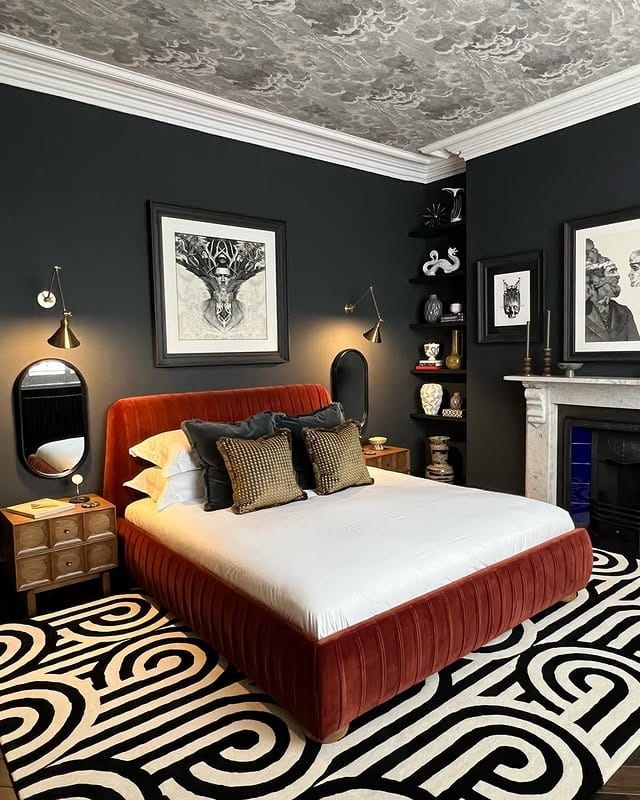 19. Moody Black Bedroom with Sculptural Furniture and Graphic Rug - victorian bedroom ideas