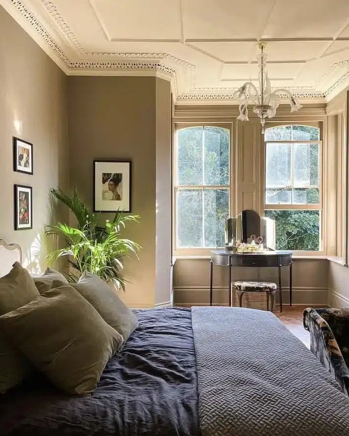 20. Warm Taupe Victorian Bedroom with Bay Window and Classic Mouldings - victorian bedroom ideas
