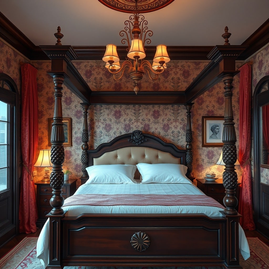 21. Rich Mahogany Four-Poster Bed with Burgundy and Gold Accents - victorian bedroom ideas