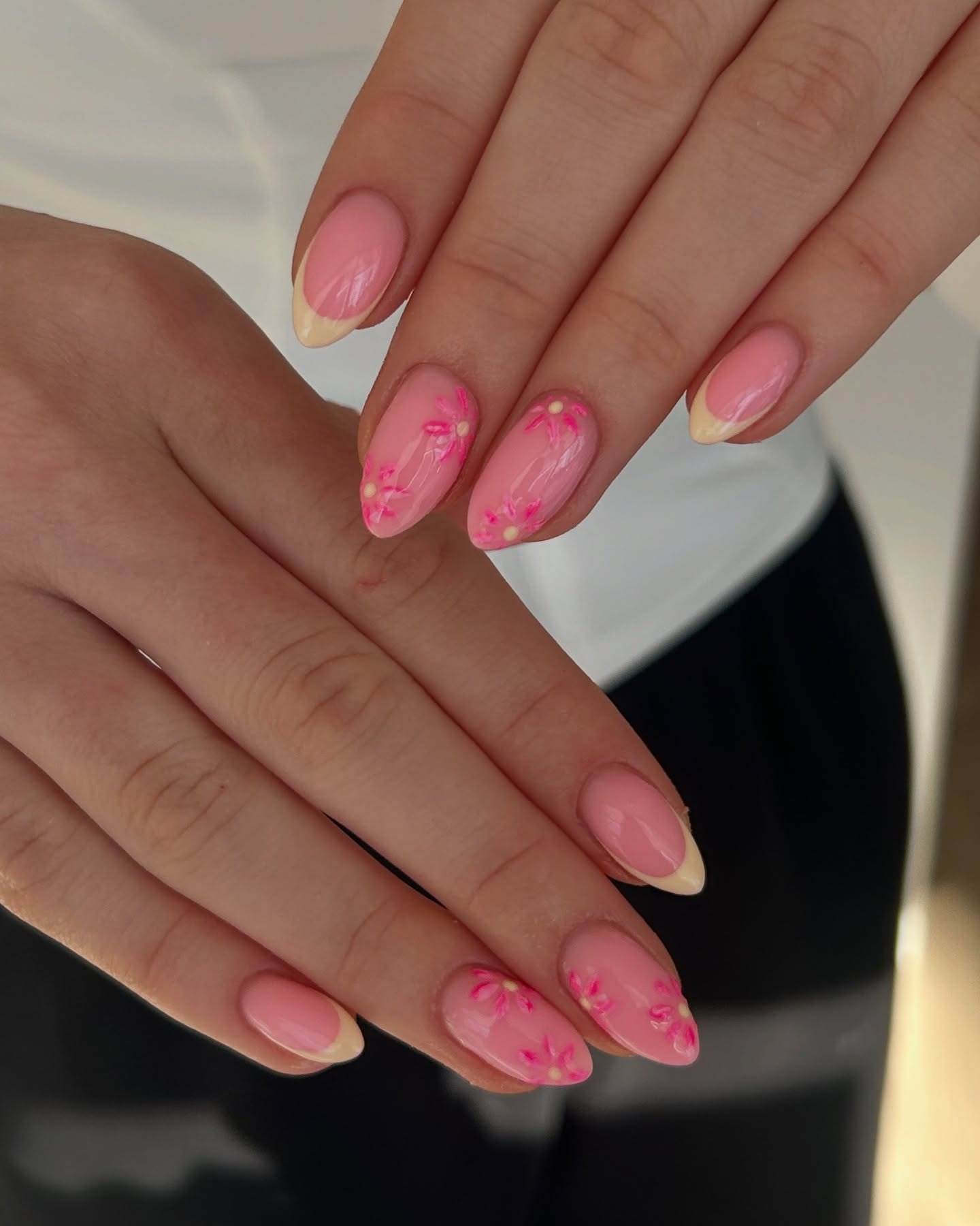 6. Baby Pink Almond Nails with Neon Floral Details - baby pink nail ideas