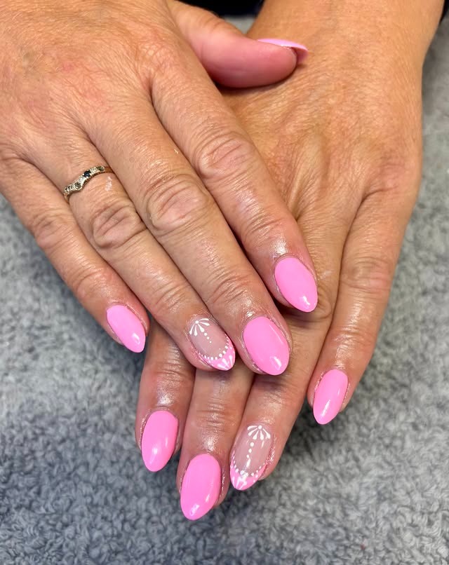 8. Baby Pink Almond Nails with Minimal Dot and Lace Design - baby pink nail ideas