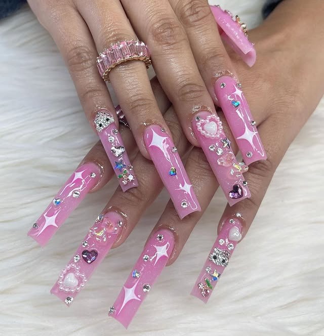 9. Extra Long Baby Pink Coffin Nails with Rhinestones - baby pink nail ideas