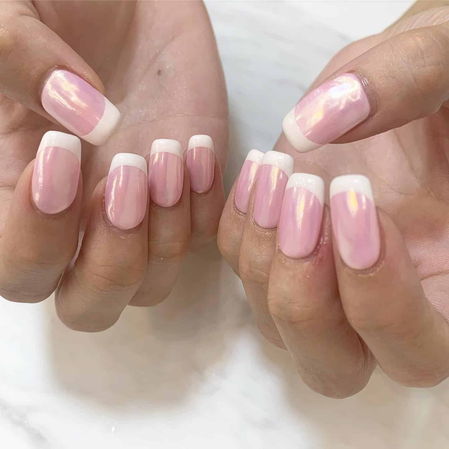 12. Iridescent Baby Pink French Tip Square Nails - baby pink nail ideas