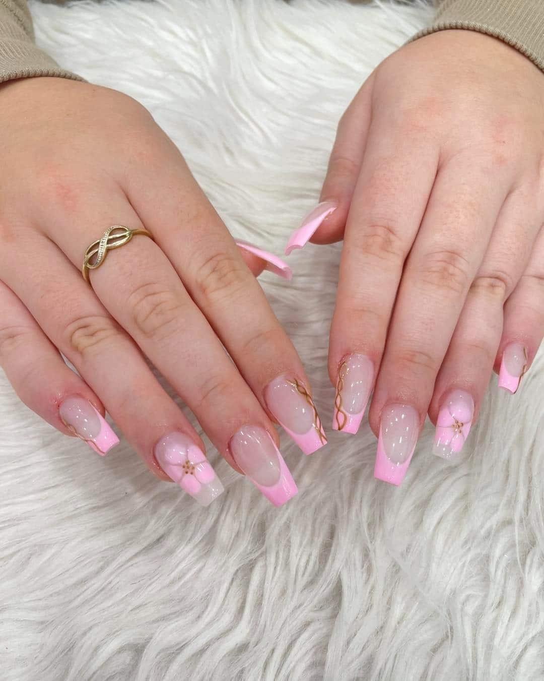 13. Baby Pink Square Acrylic Nails with Floral and Gold Accents - baby pink nail ideas