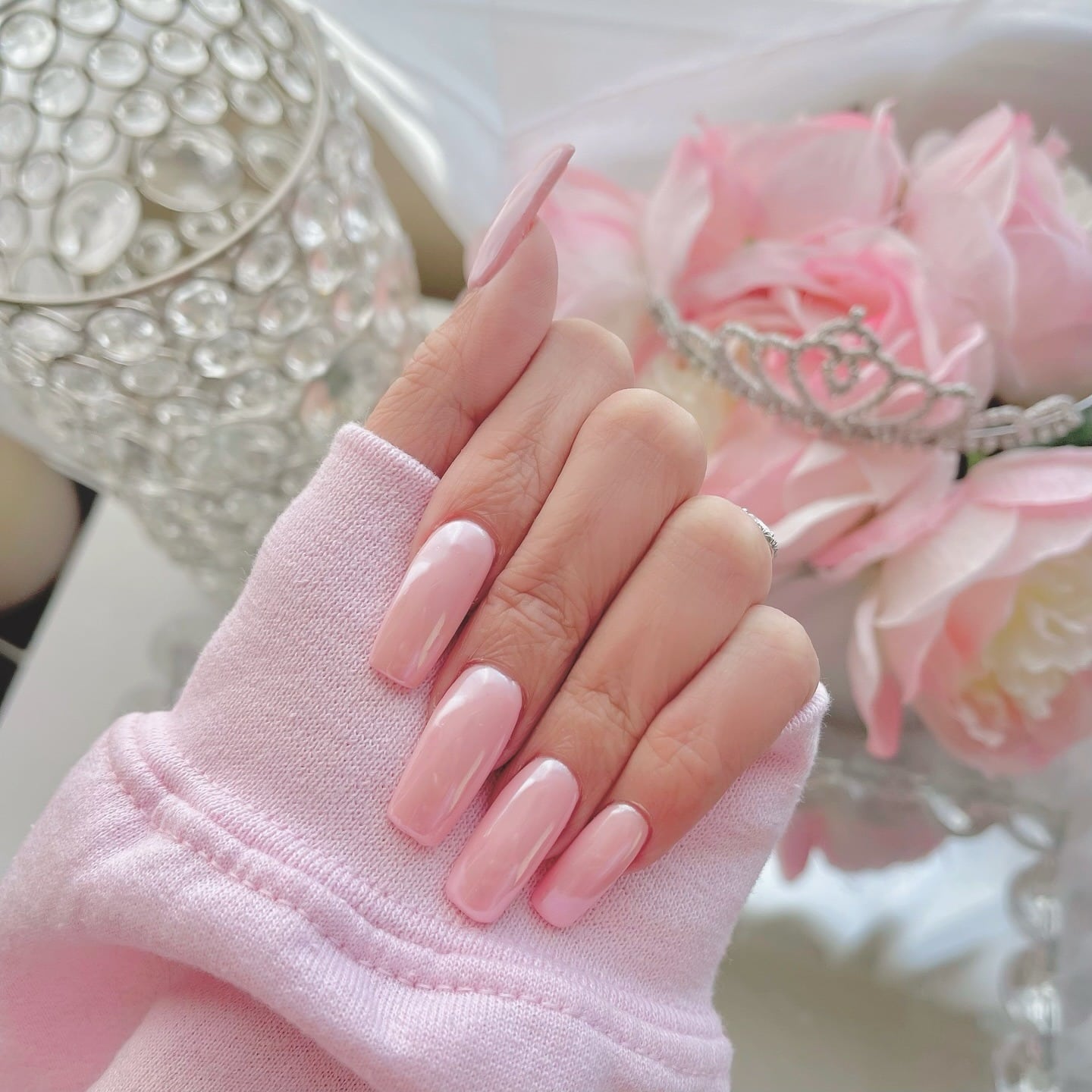 14. Sheer Baby Pink Long Square Nails - baby pink nail ideas