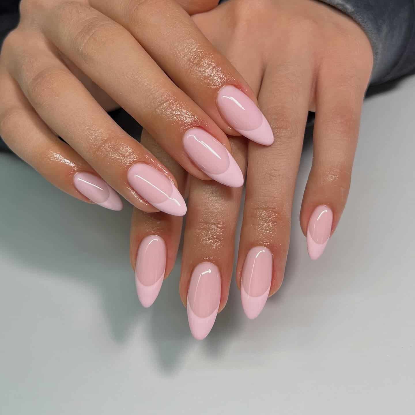 19. Baby Pink Almond Nails with Soft French Contour - baby pink nail ideas