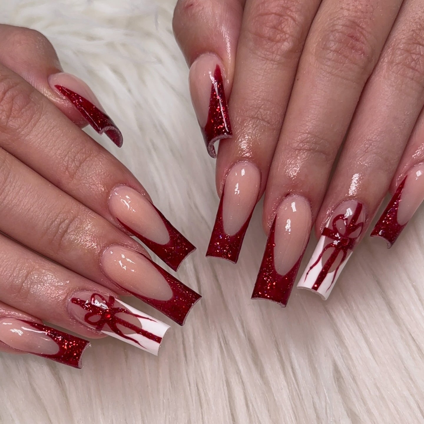 3. Red Glitter Cut-Out French Tips with Ribbon Art - nail ideas with bows