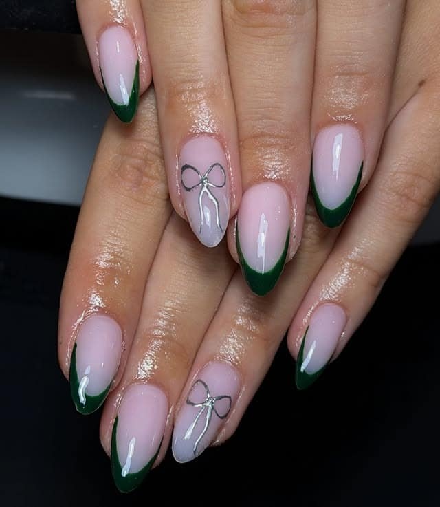 6. Milky Pink Almond Nails with Deep Green French Tips and Bow Detail - nail ideas with bows