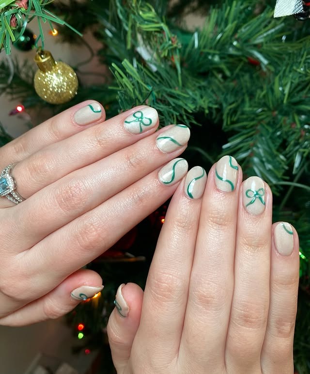 12. Neutral Beige Short Nails with Green Ribbon Line Art - nail ideas with bows