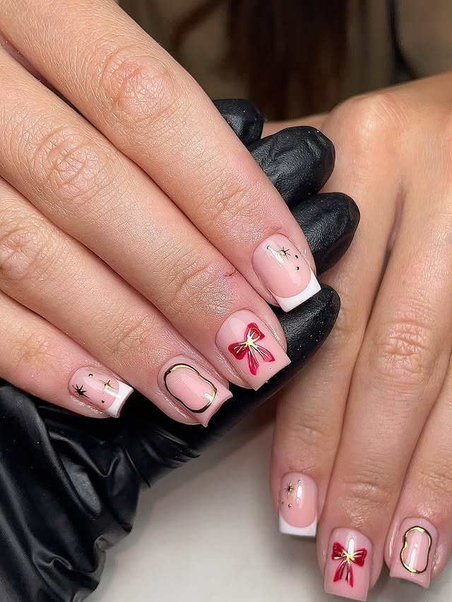 15. Pink and White Square French Nails with Red Bow Accent - nail ideas with bows