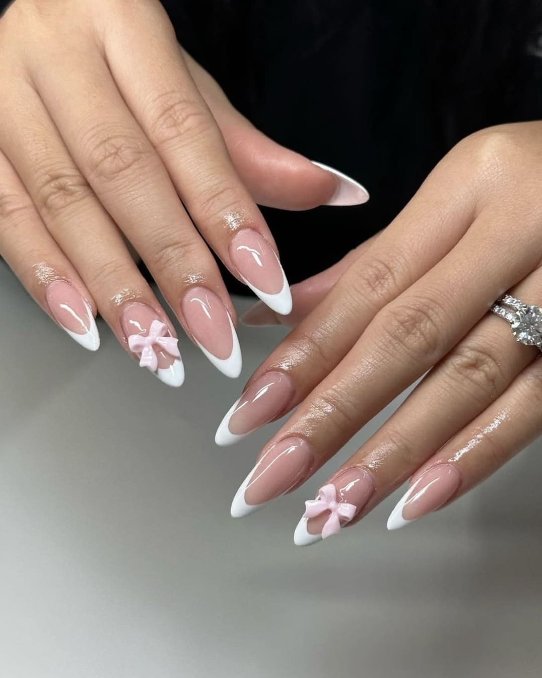 16. Classic Pink Almond French Tips with 3D Bow Embellishments - nail ideas with bows