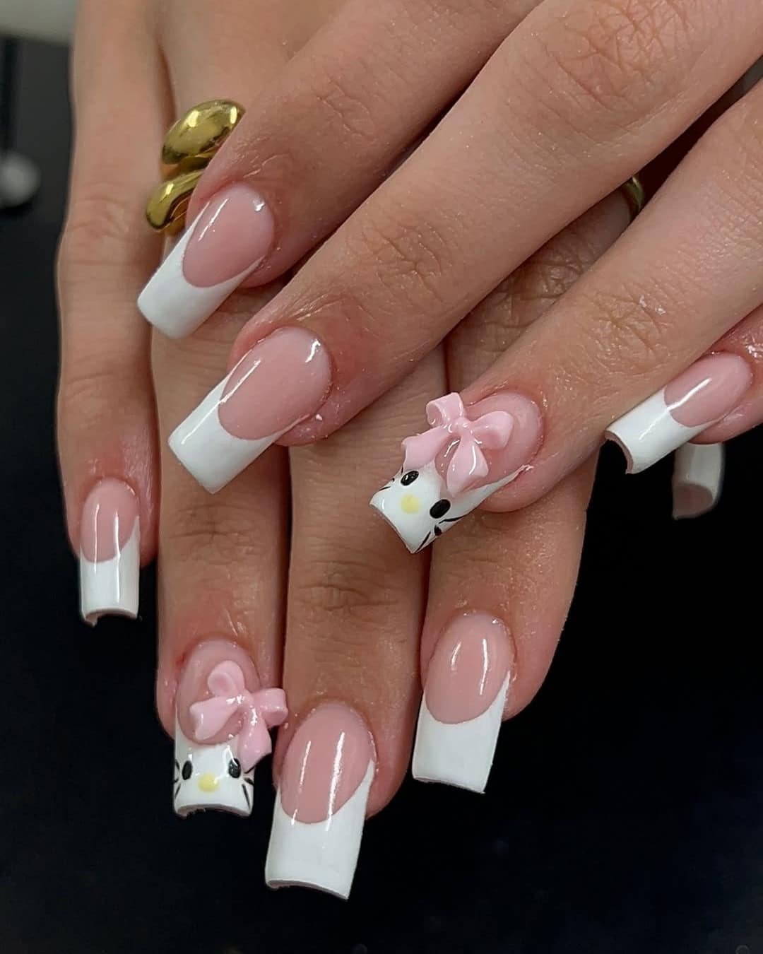 17. Soft Pink Square French Nails with Character Bow Design - nail ideas with bows