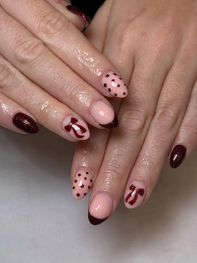 18. Nude Almond Nails with Burgundy Glitter Tips and Bow Detail - nail ideas with bows