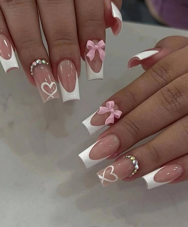 19. Long Square French Nails with Pink Bow and Heart Accents - nail ideas with bows