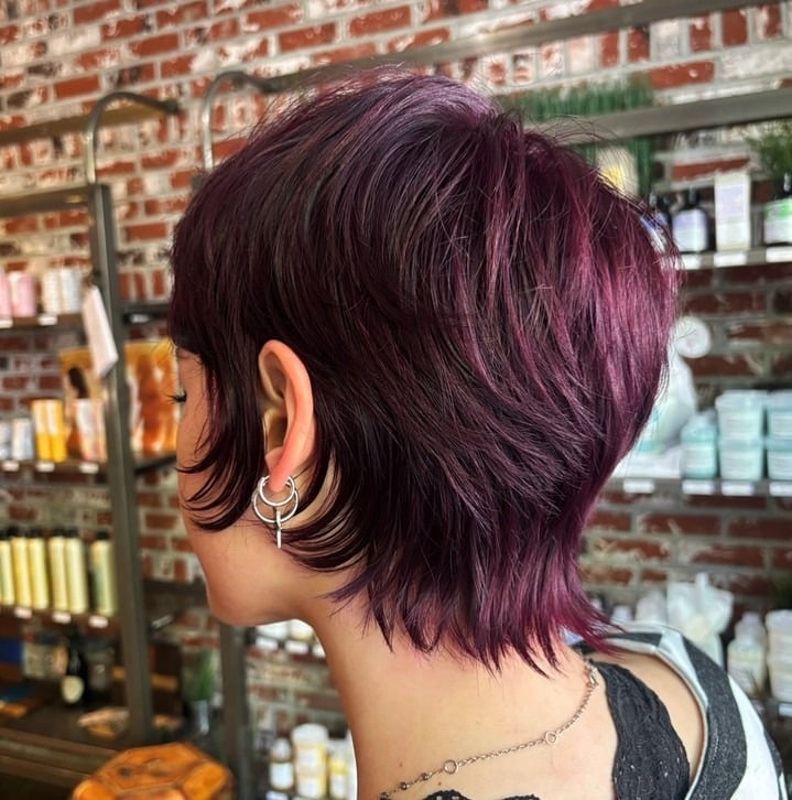 17. Plum-Toned Layered Pixie Mullet - Wispy Pixie Hairstyles