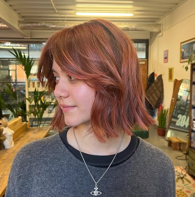 22. Textured Shaggy Bob with Copper Auburn Tone - Tousled Bob Haircut