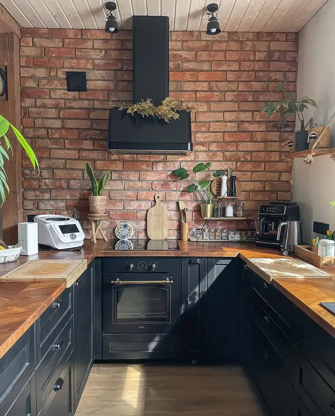 1. Rustic Brick and Black Cabinet Kitchen - black and wood kitchen ideas