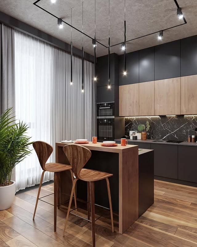 5. Modern Black and Wood Kitchen with Statement Lighting - black and wood kitchen ideas