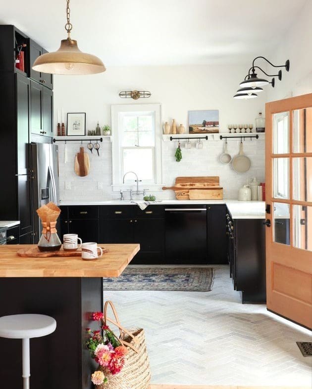6. Classic Black and Wood Kitchen with White Accents - black and wood kitchen ideas