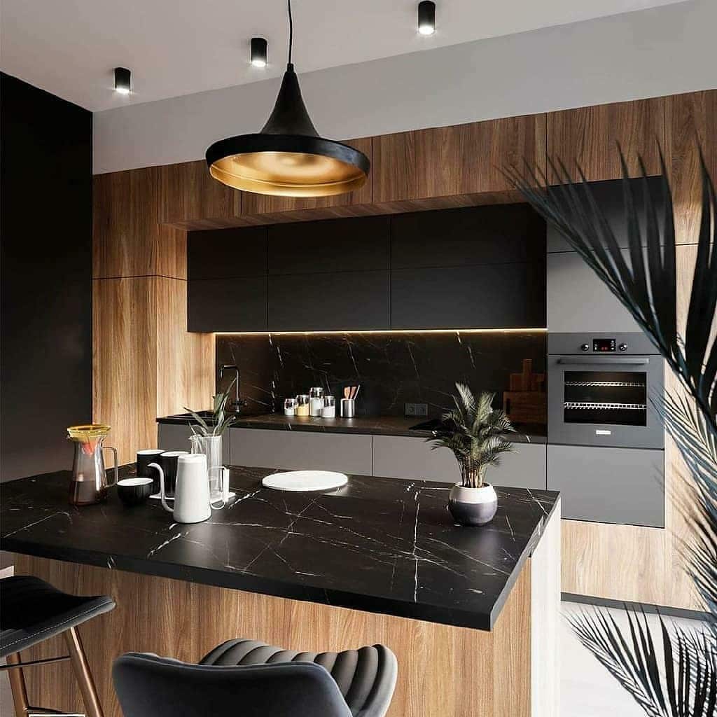 16. Contemporary Black and Wood Kitchen with Marble Island - black and wood kitchen ideas