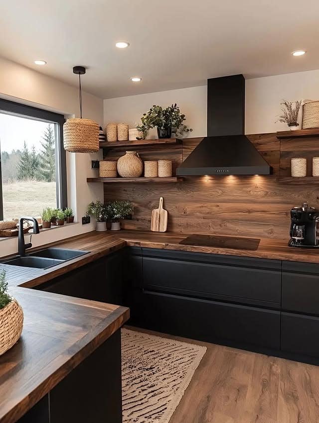 19. Rustic Black and Wood Kitchen with Open Shelving - black and wood kitchen ideas
