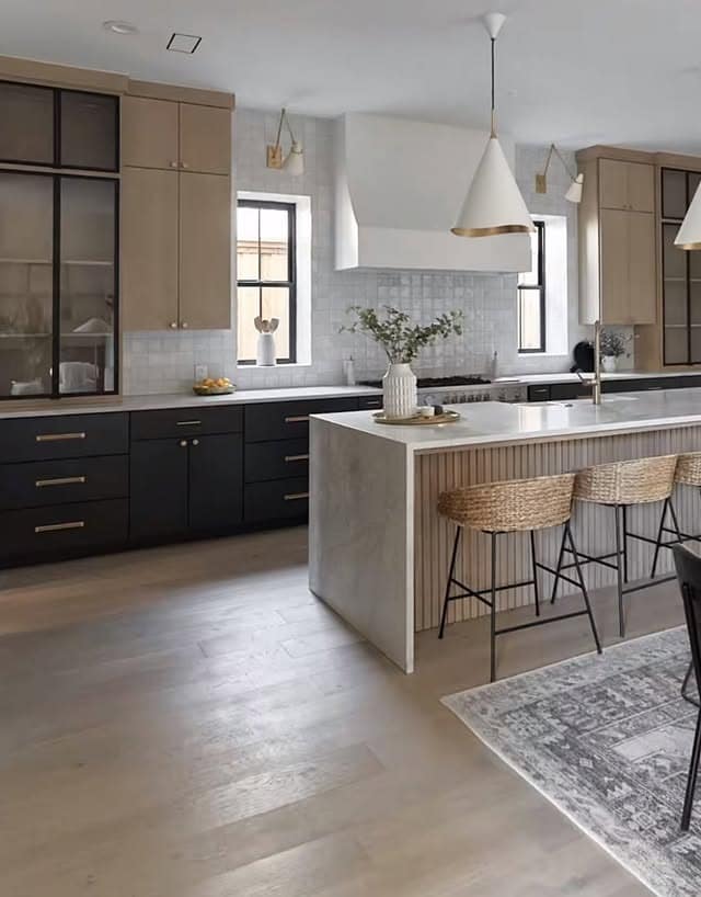 20. Soft Neutral and Black Kitchen with Light Wood Details - black and wood kitchen ideas