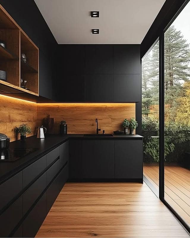 21. Modern Black Kitchen with Wood Backsplash and Panoramic Glass - black and wood kitchen ideas