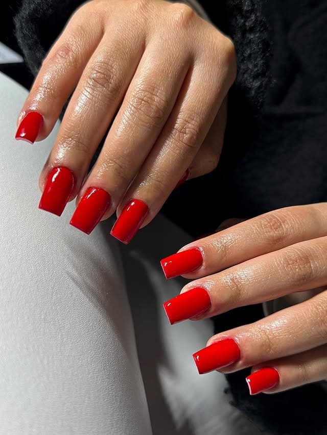 17. Bright Red Square Nails with Crisp Edges - red nail ideas
