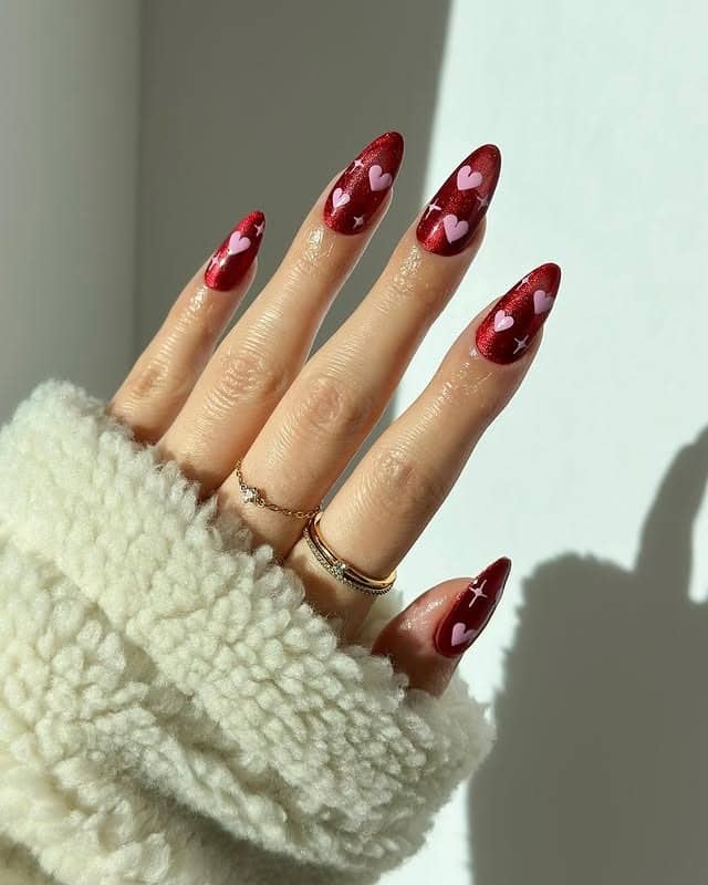 19. Deep Red Almond Nails with Heart Art Detail - red nail ideas