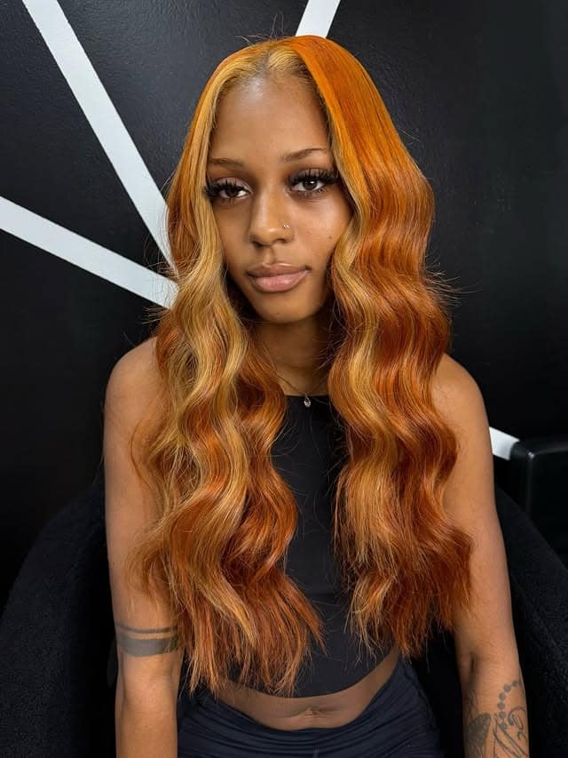 6. Middle Part Copper and Honey Blonde Waves - Middle Part Hairstyles