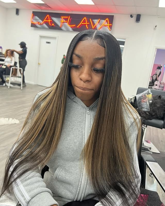 8. Middle Part Highlighted Straight Brown Blend - Middle Part Hairstyles