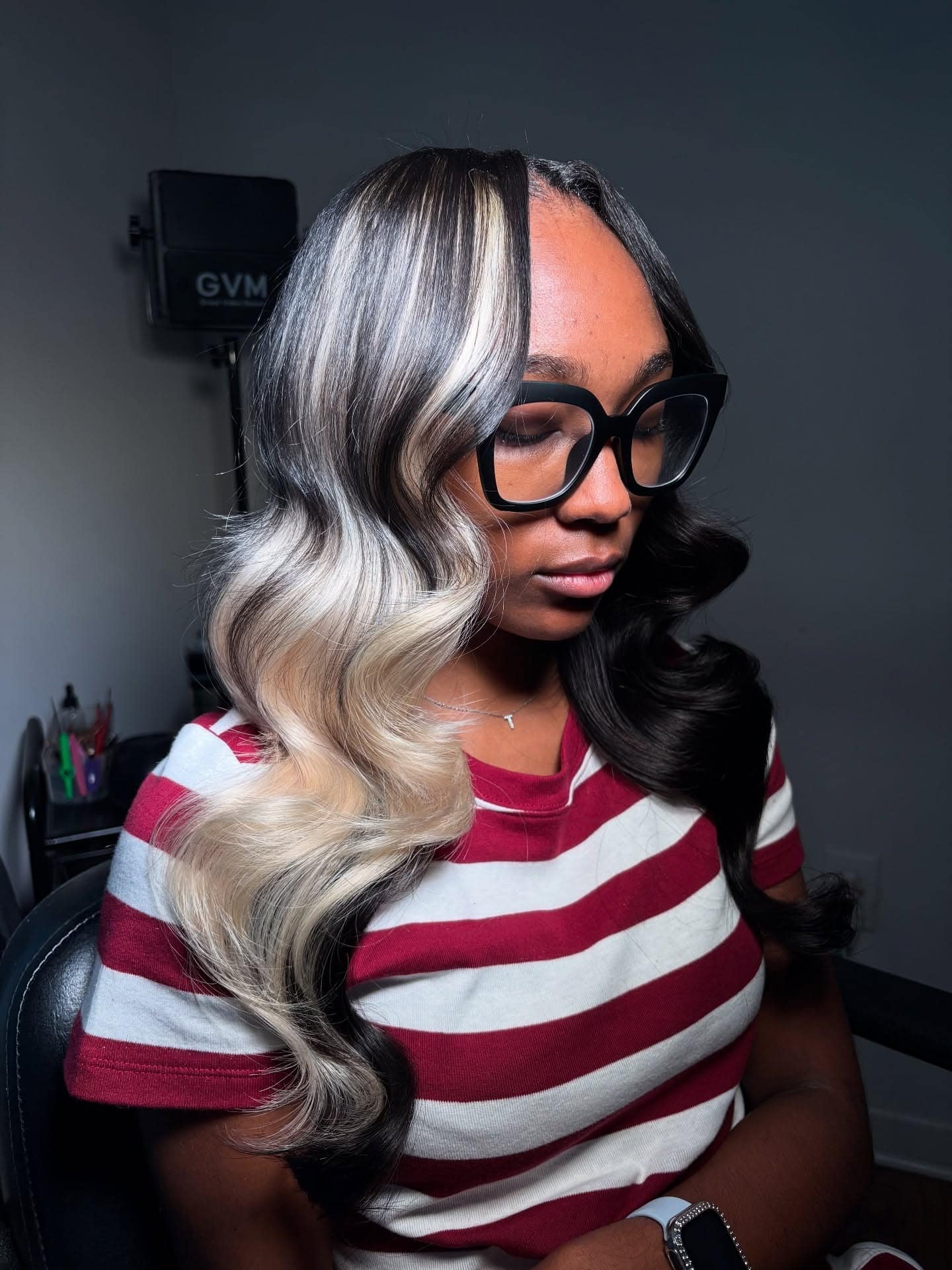 17. Middle Part Half Blonde Half Black Waves Split Color - Middle Part Hairstyles