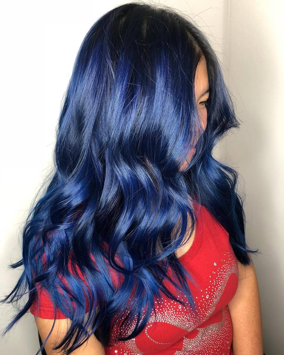 1. Midnight Blue Long Layered Waves - Midnight Blue Hair Color