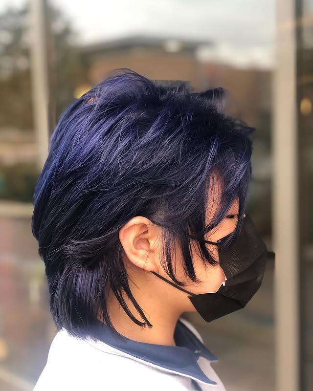 12. Midnight Blue Textured Wolf Cut - Midnight Blue Hair Color