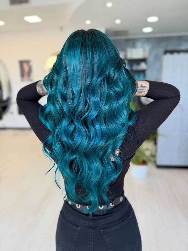 14. Teal Midnight Blue Loose Waves - Midnight Blue Hair Color