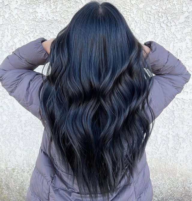 16. Smoky Midnight Blue Long Waves - Midnight Blue Hair Color