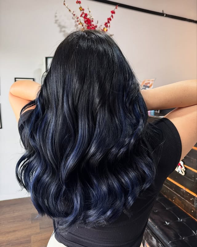 22. Deep Midnight Blue Glossy Waves - Midnight Blue Hair Color
