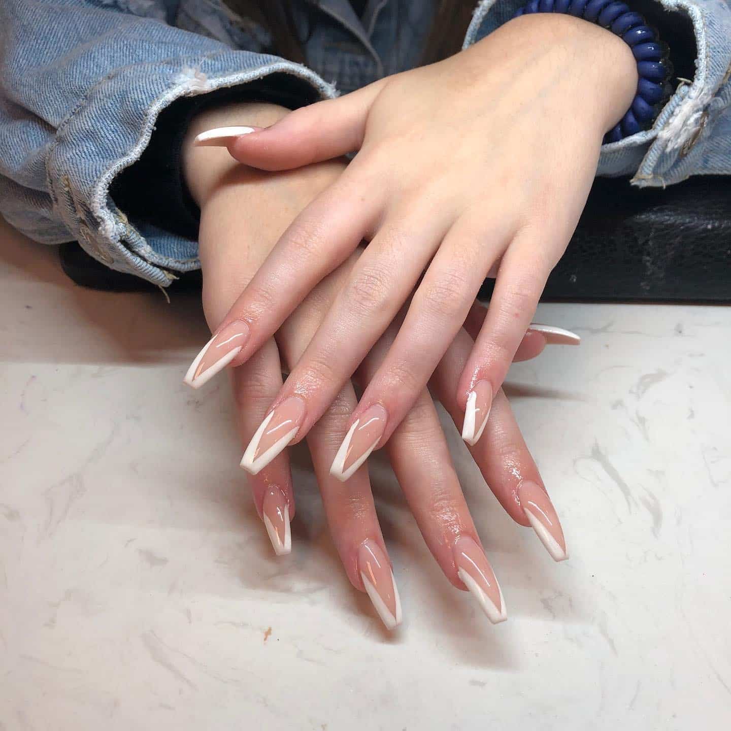 1. Almond French V-Line in Soft Pink and White - school nail ideas