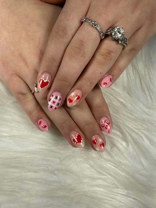 3. Short Round Pink and Red Heart Nail Art - school nail ideas