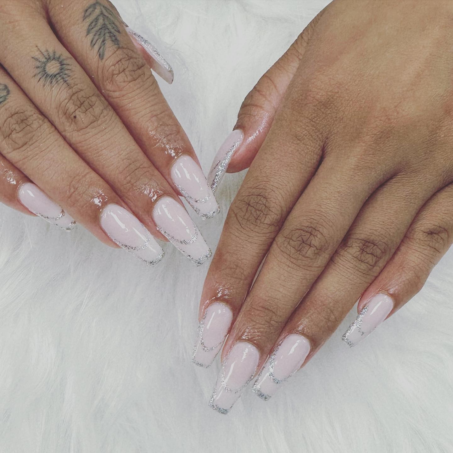 5. Long Coffin Milky White with Silver Glitter Tips - school nail ideas